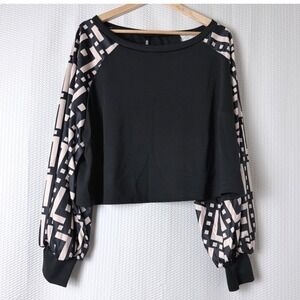 Stylewe Blouse Women 2X Black Geometric Balloon Sleeve Cropped Work Plus Size